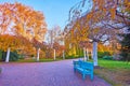 The evening autumn park with wooden benches