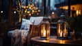 Evening Autumn Terrace Outside ,blurred Lantern C Andle Light, Soft Sofa ,cozy Atmosfear Christmas Decorated