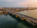 Evening autumn Voronezh. Sunset above Vogresovsky bridge over Voronezh river, aerial view Royalty Free Stock Photo