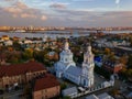 Evening autumn Voronezh, Vvedenskaya church, aerial drone view