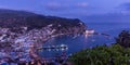 Evening Avalon Harbor with lights, Catalina Island, California