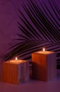 Evening bathroom interior with burning candles and palm leaf for relaxation and meditation in magic warm light, vertical, closeup. Royalty Free Stock Photo