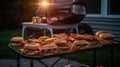 Evening BBQ Delight - Grilled Hamburgers and Hot Dogs with Lawn Chair and Umbrella in Background
