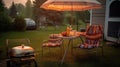 Evening BBQ Delight - Grilled Hamburgers and Hot Dogs with Lawn Chair and Umbrella in Background