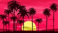 Evening on a beach with palm trees. Colorful pictures for summer vacations.