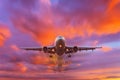 Evening beautiful bright sky at sunset with a flying passenger plane