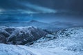 Stormy Clouds over Mountains Covered in Snow