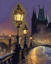 Evening on the bridge, Prague in the background Royalty Free Stock Photo