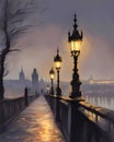 Evening on the bridge, Prague in the background 1 Royalty Free Stock Photo