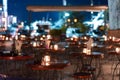 Evening cafe under the walls of the old fortress in Montenegro. Romantic atmosphere of the old city