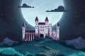 Evening cartoon castle. Medieval fairytale fortress at night, magic landscape with royal palace. Vector kingdom capital