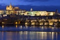 Evening Christmas snowy Prague Lesser Town with gothic Castle, St. Nicholas` Cathedral and Charles Bridge, Czech republic Royalty Free Stock Photo