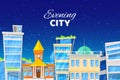 Evening city cartoon vector illustration with blue sky and stars, old and morden buildings urban cityscape. Royalty Free Stock Photo