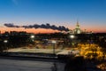 Evening city landscape. Moscow state University and stadium Royalty Free Stock Photo