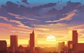 Evening city panorama, , sunset. Flat anime style Royalty Free Stock Photo