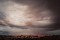 Evening city in storme weather. Thunderous clouds. Royalty Free Stock Photo