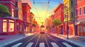 An evening city street with trams, houses, and an empty road with pedestrian crossings at sunset. Modern parallax Royalty Free Stock Photo