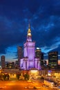 Evening cityscape with city lights - view of the Palace of Culture and Science in Warsaw Royalty Free Stock Photo