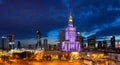 Evening cityscape with city lights - view of the Warsaw downtown and The Palace of Culture and Science Royalty Free Stock Photo