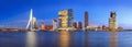 Evening cityscape, panorama, banner - view of Rotterdam with Tower blocks in the Kop van Zuid neighbourhood and Erasmus Bridge Royalty Free Stock Photo