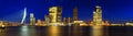 Evening cityscape, panorama, banner - view of Rotterdam with Tower blocks in the Kop van Zuid neighbourhood and Erasmus Bridge Royalty Free Stock Photo