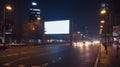 Evening cityscape with road and empty billboard. Empty roadside billboards at evening in city