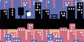 Evening cityscape seamless vector pattern in black blue and pink Royalty Free Stock Photo