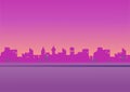 Evening cityscape . vector illustration in a flat design. Landscape in pink tones. City skyline at sunset.