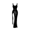 Evening cocktail black dress. Woman clothing. Silhouette apparel. Long maxi, full and floor length dress icon. Vector