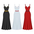 Evening cocktail black, white and red dress set. Collection woman clothing. Silhouette apparel. Long maxi, full and