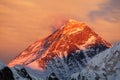 Evening colored view Mount Everest from Gokyo Ri, Khumbu valley, Solukhumbu, Sagarmatha national park, Nepal Himalayas Royalty Free Stock Photo