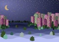 Evening crescent and stars, city downtown landscape, snow covered skyscrapers. Flat vector illustration. Royalty Free Stock Photo