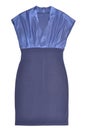 Evening dark blue dress is as single object, isolated navy silk frock on white background