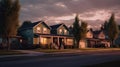 Evening descends on typical American suburban lane, one-storeyed homes settling into the twilight, AI-generated neural