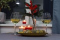 Evening dinner candles with a sushi and wine. Cozy home advent atmosphere