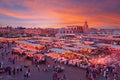 Evening Djemaa El Fna Square with Koutoubia Mosque, Marrakech, Morocco Royalty Free Stock Photo