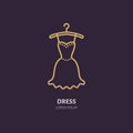 Evening dress on hanger icon, clothing shop line logo. Flat sign for apparel collection. Logotype for laundry, clothes