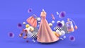 Evening dresses, bags, shoes and cosmetics floating among the flowers on a purple background
