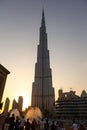The evening Dubai Fountain show infront of the Burj Khalifa with audience taking photographs