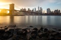 Evening By The East River In New York City. View Of Brooklyn Bridge And Lower Manhattan During Sunset