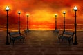 Evening embankment with benches and lanterns Royalty Free Stock Photo