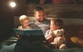 Evening family reading. father reads children . book before goin