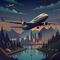 Evening Flight Over a Picturesque City with Mountains and Forests in the Background Royalty Free Stock Photo