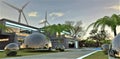 Evening at the futuristic villa. Chrome balls reflect the starry sky. The ends of the pedestrian paths are illuminated by