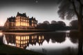 An evening at a grand, historic building surrounded by trees and reflected in the still waters of a lake in a smooth blurry