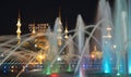 The evening illumination of fountain and Blue mosque with mahya