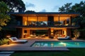 Evening illumination of a luxurious modern home with in-ground pool and expansive deck. Generative AI Royalty Free Stock Photo