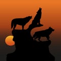 Evening illustration, three wolves on a mountain, howling with h Royalty Free Stock Photo
