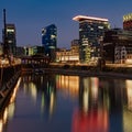 Evening image during blue hour of the Medienhafen in DÃÂ¼sseldorf