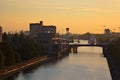 Evening Kaliningrad. View to Pregola river and bridge Royalty Free Stock Photo